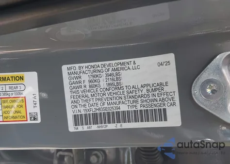 2025 Honda Civic Sport from USA, damaged, VIN 19XFL2H83SE025394